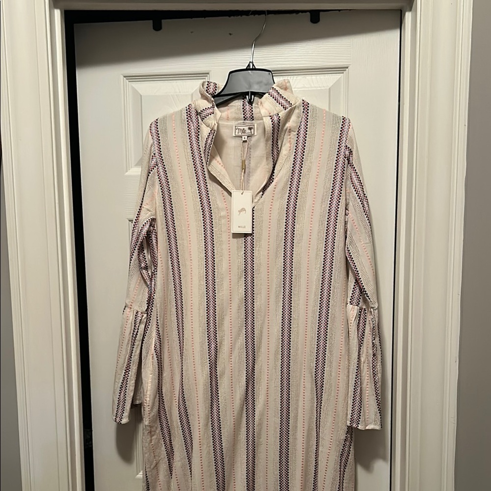 Casual Cream and Purple Long Sleeve Mock Neck Dress